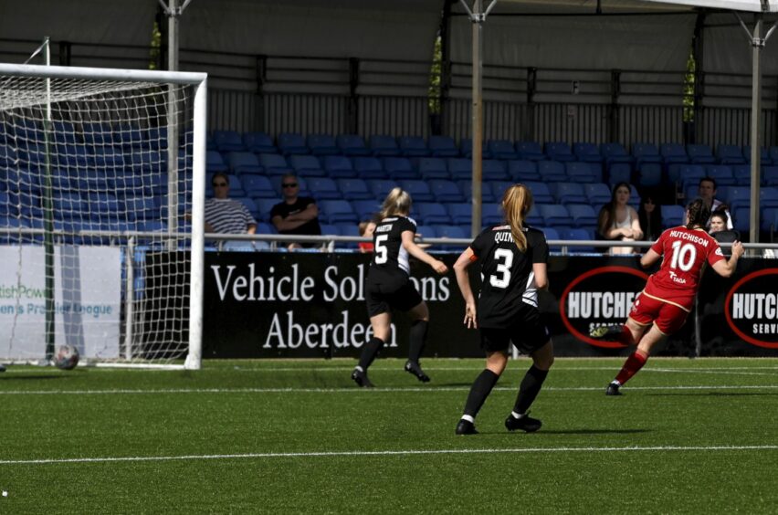 Bayley Hutchison opens the scoring at Balmoral Stadium against Hamilton Accies.