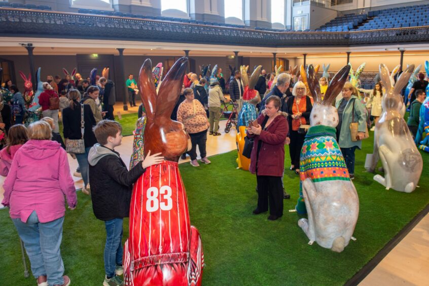 Members of the public take photos with the hares.
