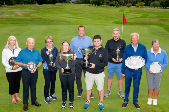 Evening Express Champion of Champions 2023 finals day.  
Peter Mutch, of sponsor Aberdein Considine (rear centre), with the winners (left to right) Gail Christie, Jim Coutts, Christine Bruce, Emma Logie, Calum Morrison, Robert Duncan, Neil Irvine and Sheila McNaught. Image: Kami Thomson/DC Thomson.