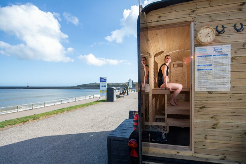 Reporter Rosemary Lowne tries out the horsebox sauna at Aberdeen Beach