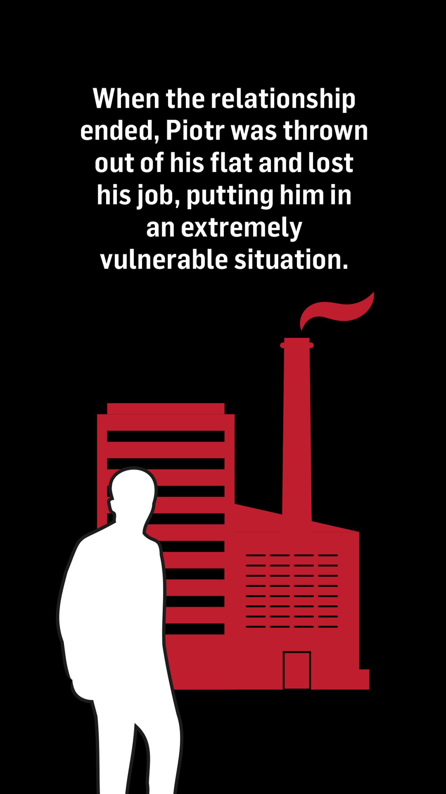 A white silhouette of a man standing outside the red factory illustration. Text reads: When the relationship ended, Piotr was thrown out of his flat and lost his job, putting him in an extremely vulnerable situation.