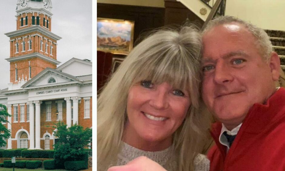Image of Lowndes County Courthouse in Columbus, Mississippi, alongside image of Wayne Fraser with wife Natalie, who he has been convicted of shooting dead in the US.
