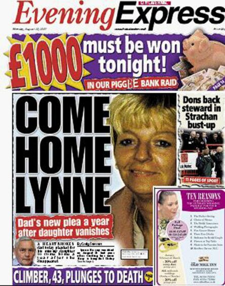 The Evening Express front cover appealing for Lynne Murray to come home. 