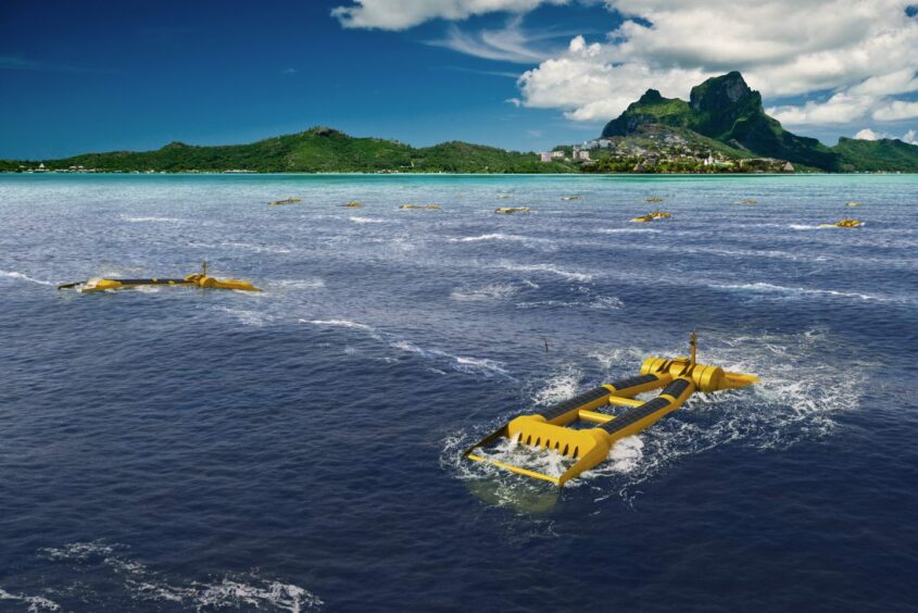 It is hoped Blue Horizon 250 will be ideal for powering small island communities. This computer generated image shows how the machine would look off the coast of Tahiti in the Pacific