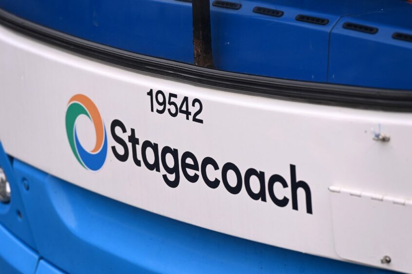 Stagecoach logo on thr front of a blue bus.