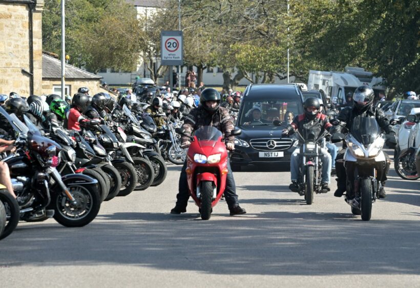 Bikers in Forres for Sam Beaven funeral.