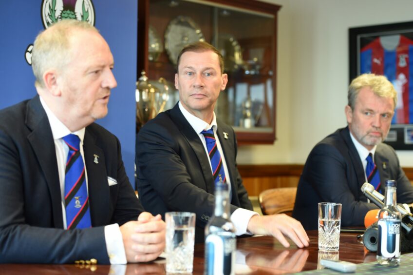 Inverness CT chief executive Scot Gardiner, new manager Duncan Ferguson, and chairman Ross Morrison.