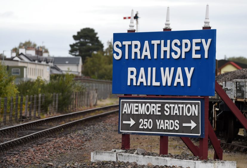Strathspey Railway sign near Aviemore Station, where the Flying Scotsman crash occurred.