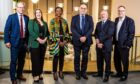 l-r Bank of England agent for Scotland Will Dowson, IoD Aberdeen and Grampian chairwoman Sarah Downs; Africulture Network chairwoman Mavis Anagboso, Bank of England governor Andrew Bailey; RGU principal and vice-chancellor Steve Olivier and RGU energy transition director Paul de Leeuw.