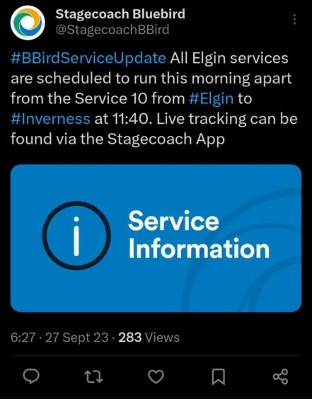A tweet from Stagecoach about the Moray Elgin Bus services