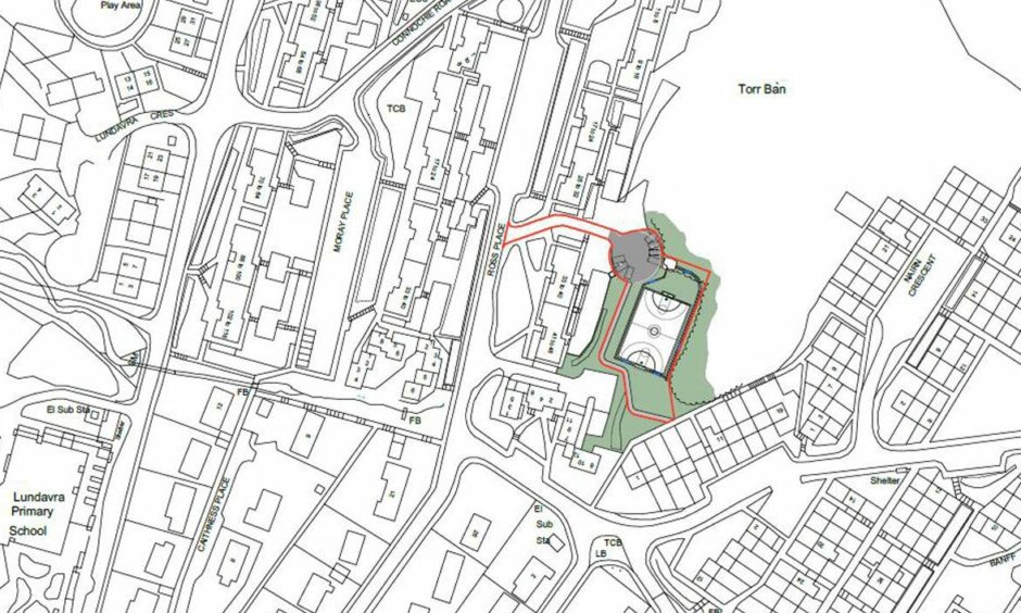 Pictured: circled area in Upper Achintore where parking will not be available whilst new Fort William pitch is being built. TSL Contractors.