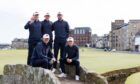 Mark Power, Calum Scott, Liam Nolan, James Ashfield and Connor Graham of Great Britain and Ireland pose on the Swilcan Bridge during a practice round prior to the Walker Cup at St Andrews. (Photo by Ross Parker/R&A/R&A via Getty Images)