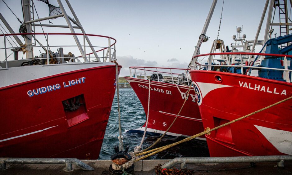 Fishing boats tied up in Lerwick harbour.