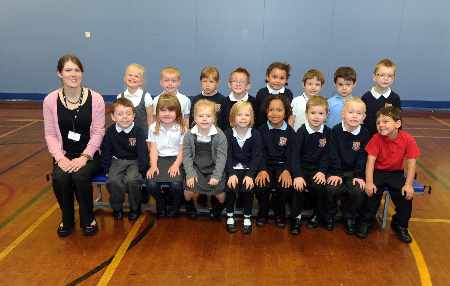 Teacher Fiona Spence with her new P1s in 2011.