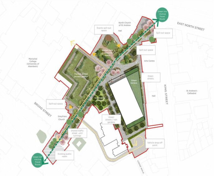 Councillors voted to progress with this design for the Queen Street urban park. The missing white chunk is the footprint of the former police HQ. Image: Aberdeen City Council