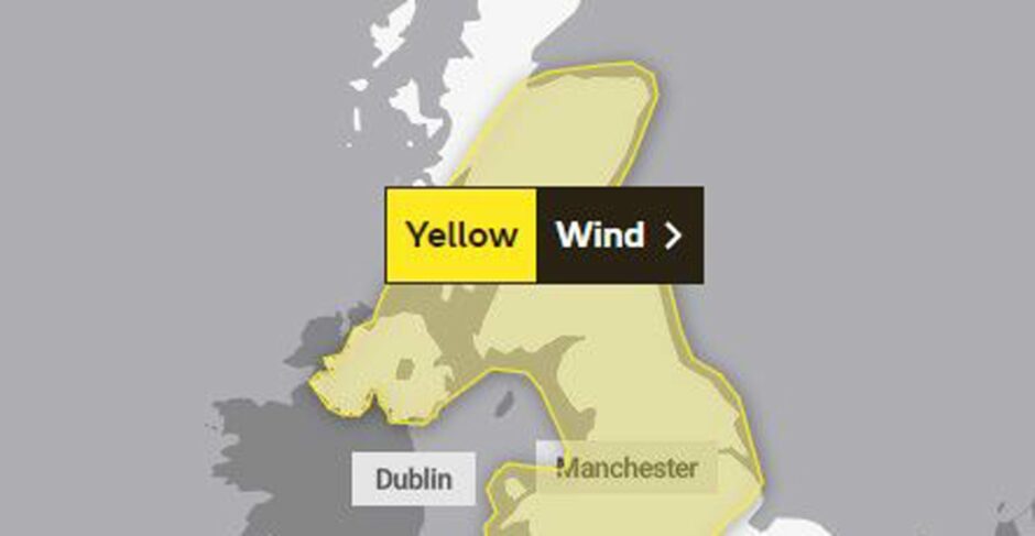 Map showing area where a Met Office yellow weather warning is in place for winds.