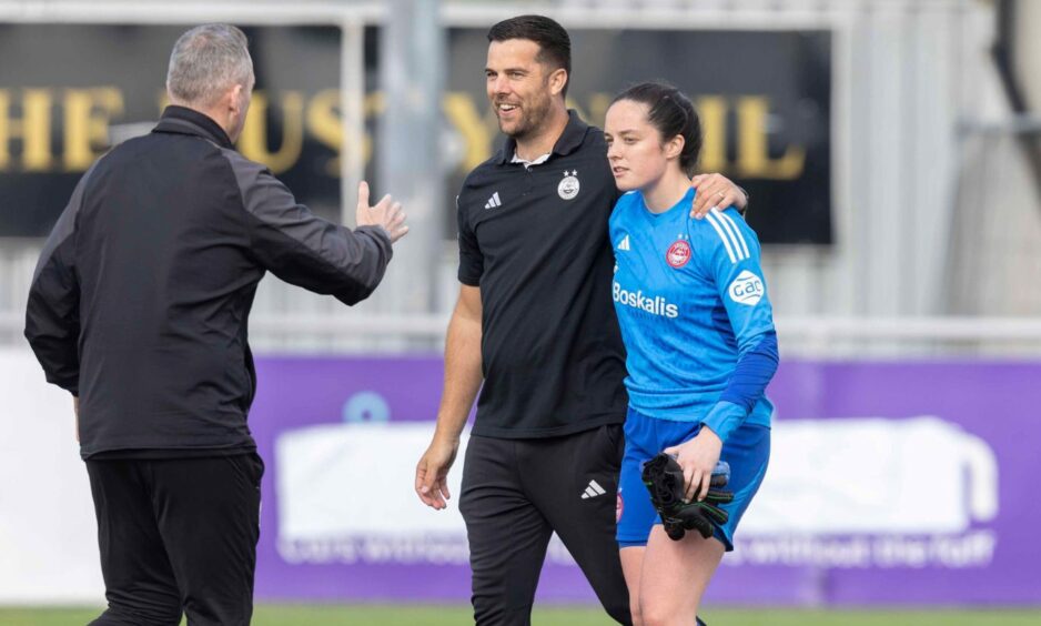 Aberdeen Women manager Clint Lancaster, left, with goalkeeper Faye Kirby.