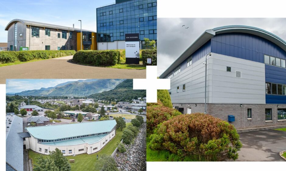 Exteriors of the campuses of the new merged college in Thurso, Fort William and Stornoway.