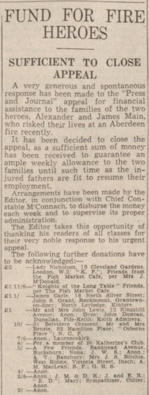 Newspaper article detailing donations to a support fund for two brothers that saved others from a fire