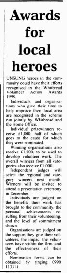 Newspaper clipping of the local heroes award. Source: The British Newspaper Archive.