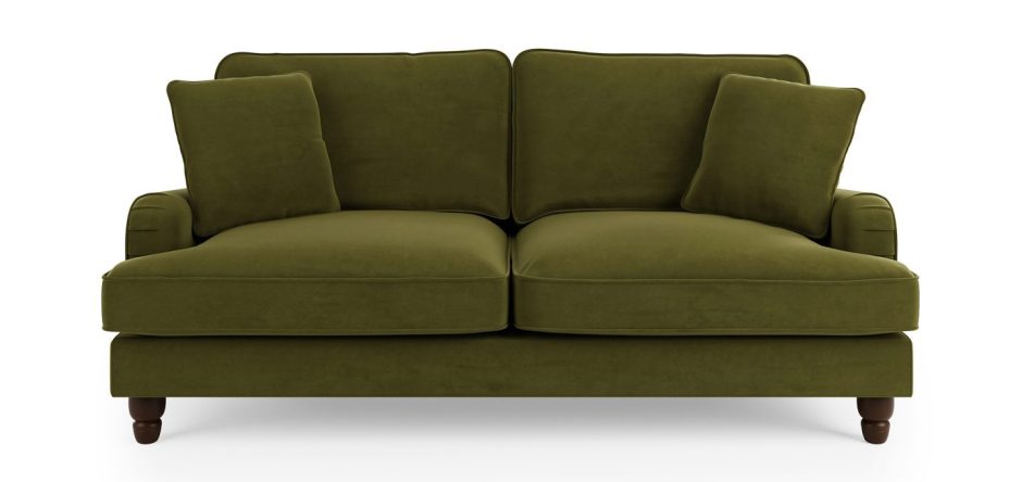 Olive green velvet sofa, ideal for autumn decor.