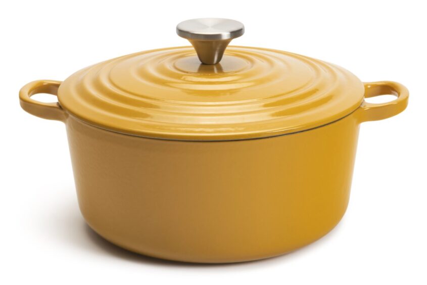 Cast iron casserole dish in a warm ochre shade for fall.