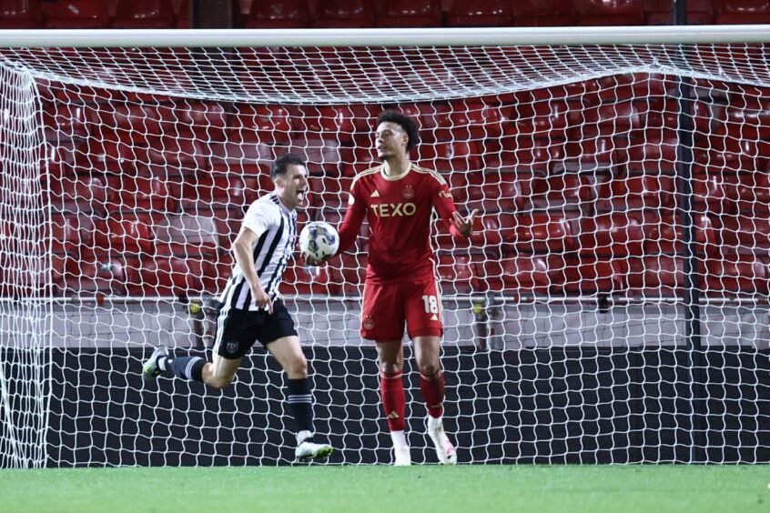 Ryan Sargent celebrates after scoring for Fraserburgh in the 2-2 Aberdeenshire Shield tie draw against Aberdeen in October 2023, which the Dons won on penalties. On-loan Liverpool defender Rhys Williams is pictured here.