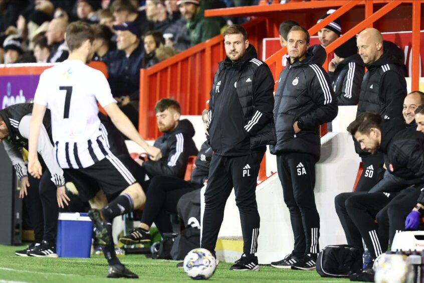 Aberdeen coaches Peter Leven and Scott Anderson during Aberdeen v Fraserburgh in the Aberdeenshire Shield at Pittodrie Stadium on October 11. Image: Shutterstock.