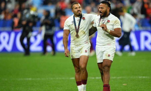 England's Ollie Lawrence with Manu Tuilagi after their 26-23 victory over Argentina in Friday's bronze medal game. Images: Ashley Western/Colorsport/Shutterstock