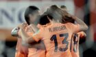 Netherlands players congratulate Danielle van de Donk after she scores the opener in their Uefa Women's Nations League tie with Scotland. Image: Hollandse Hoogte/Shutterstock (14170186d)