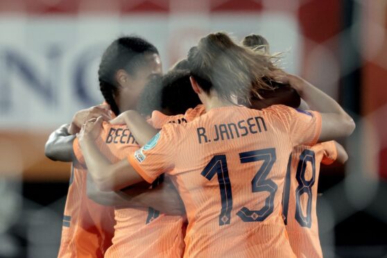 Netherlands players congratulate Danielle van de Donk after she scores the opener in their Uefa Women's Nations League tie with Scotland. Image: Hollandse Hoogte/Shutterstock (14170186d)