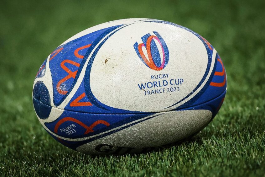 Rugby ball with text: "Rugby World Cup, France 2023"