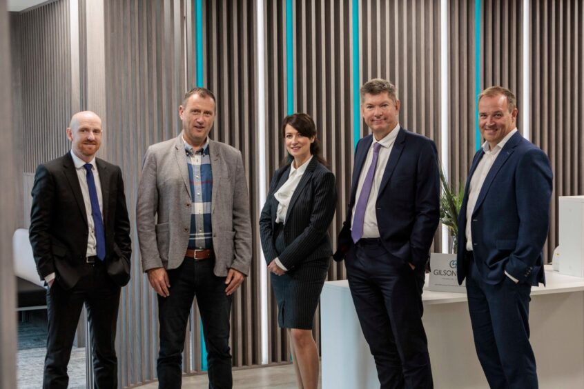 Aberdeen and Grampian Chamber of Commerce CEO Russell Borthwick, second from the left, with, l-r, Filson Gray partners Calum Crighton, Lesley McKnight, Richard Shepherd and Findlay Anderson.