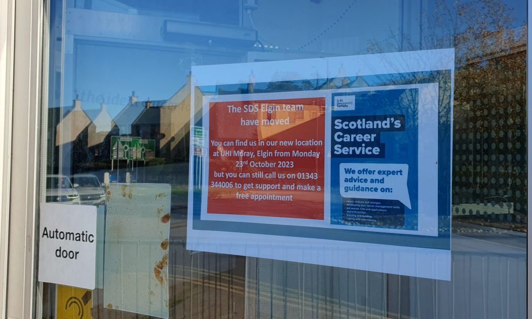 Sign on the door of Skills Development Scotland in Elgin.