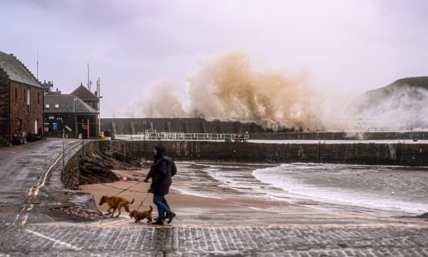 Huge waves at Stonehaven harbour during Storm Babet.
