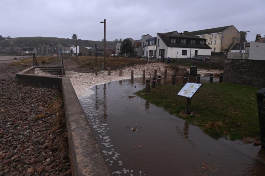 Flooding near Stonehaven beach caused by Storm Babet.