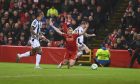 Aberdeen's Jack Mackenzie has a penalty appeal waved away against PAOK, in the Europa Conference League at Pittodrie. Image: Darrell Benns/DC Thomson.