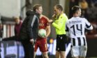 Aberdeen manager Barry Robson complains to referee Sebastian Gishamer during the Europa Conference League loss to PAOK. at Pittodrie. Image: SNS.