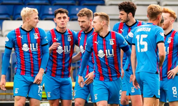 Inverness' David Wotherspoon, third from left, celebrates his goal to make it 1-0 against Airdrieonians. Image: SNS.