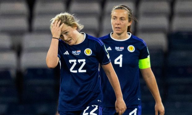 Scotland's Erin Cuthbert and captain Rachel Corsie look dejected after going 1-0 down against the Netherlands.