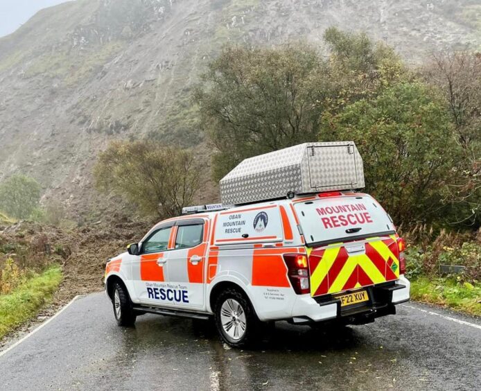 Oban Mountain Rescue Team at the scene of the landslip on the Oban to Lochgilphead road at Ardfern.