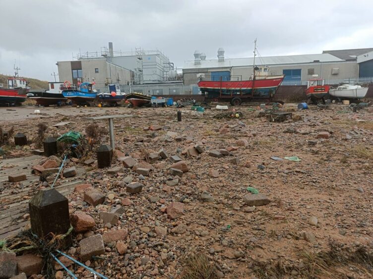 Debris scattered all over Boddam Harbour following Storm Babet.