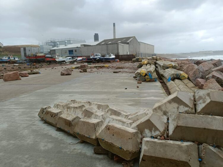 Boddam Harbour damaged by Storm Babet.
