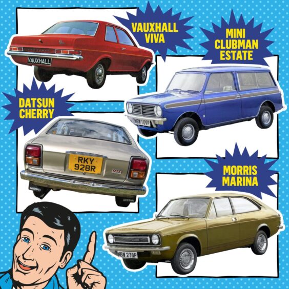 '70s ad for classic cars: Vauxhall Viva, Mini Clubman Estate, Datsun Cherry and Morris Marina.