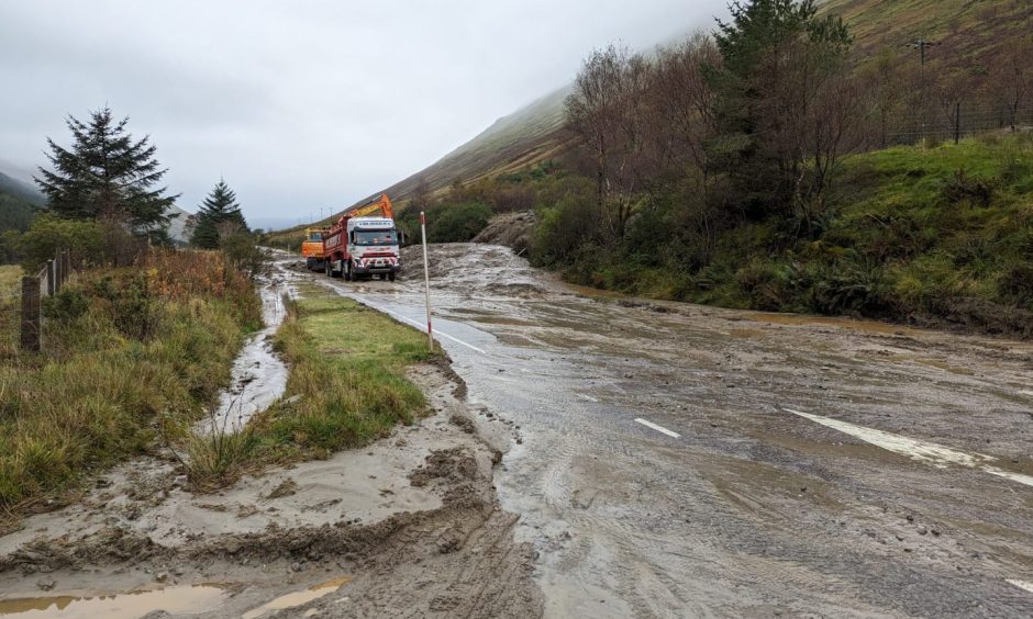 Repair work at the A83 following a weekend of flooding and travel disruption.