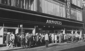 1973: Crowds gather outside Arnotts in 1973 when Sir Hugh Fraser opened the remodelled George Street store. Sir Hugh, head of the House of Fraser, had overseen this outlet change from being Isaac Benzies to Arnotts, one of 11 such stores throughout Scotland. Image: DC Thomson