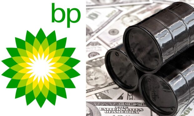 BP logo next to oil barrels and dollar bills.