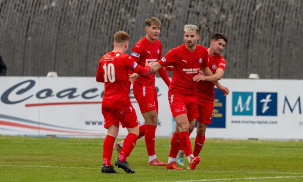 Jordan MacRae, second from right, celebrates scoring for Brora Rangers in their win against Keith in the GPH Builders Merchants Highland League Cup. Pictures by Jasperimage