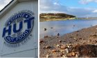Collage of Beach Hut logo and flooded car park.