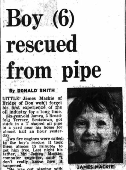 The Press and Journal clipping with headline about Bridge of Don boy James Mackie who became stuck in an oil pipe.